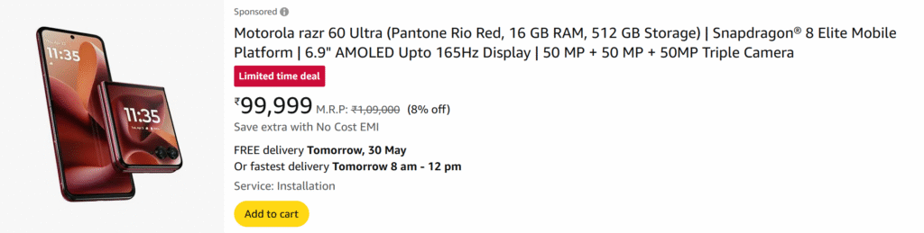 Motorola razr 60 Ultra (Pantone Rio Red, 16 GB RAM, 512 GB Storage) | Snapdragon® 8 Elite Mobile Platform | 6.9" AMOLED Upto 165Hz Display | 50 MP + 50 MP + 50MP Triple Camera