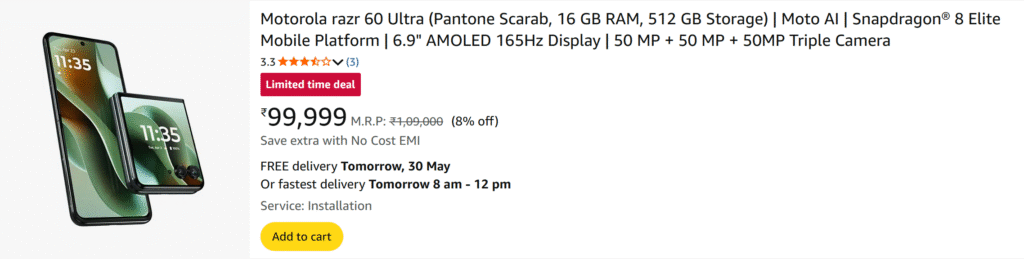 Motorola razr 60 Ultra (Pantone Scarab, 16 GB RAM, 512 GB Storage) | Moto AI | Snapdragon® 8 Elite Mobile Platform | 6.9" AMOLED 165Hz Display | 50 MP + 50 MP + 50MP Triple Camera